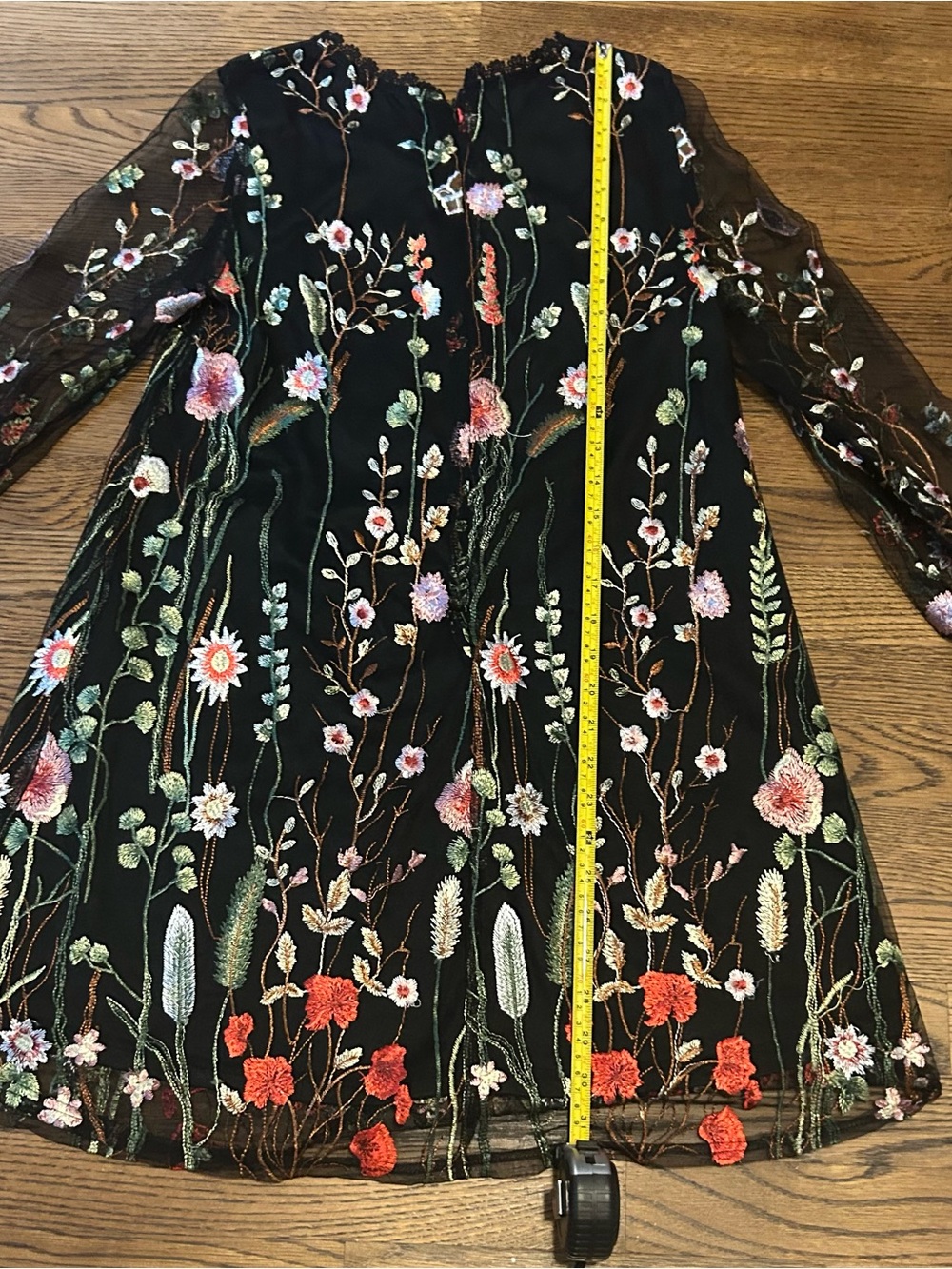 Embroidered Black shear Mini Dress with Floral embroidery and bell sleeves 0192 - Picture 11 of 12